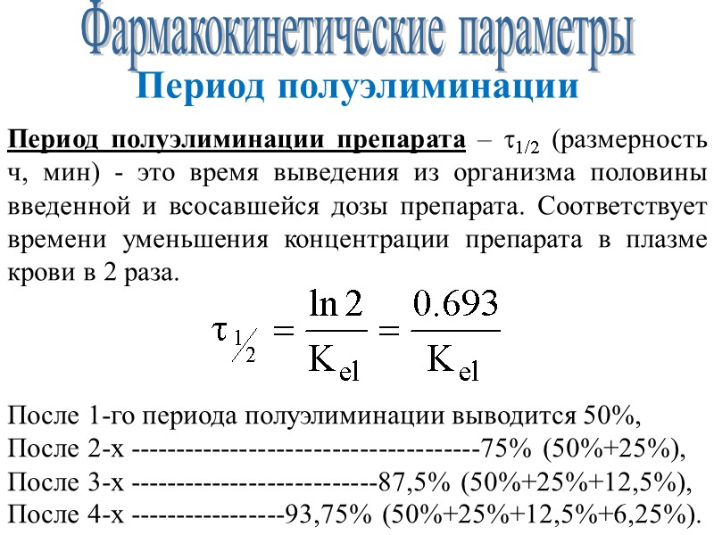 Фармакокинетические параметры Период полуэлиминации Период полуэлиминации препарата – 1/2 (размерность ч, мин) - это